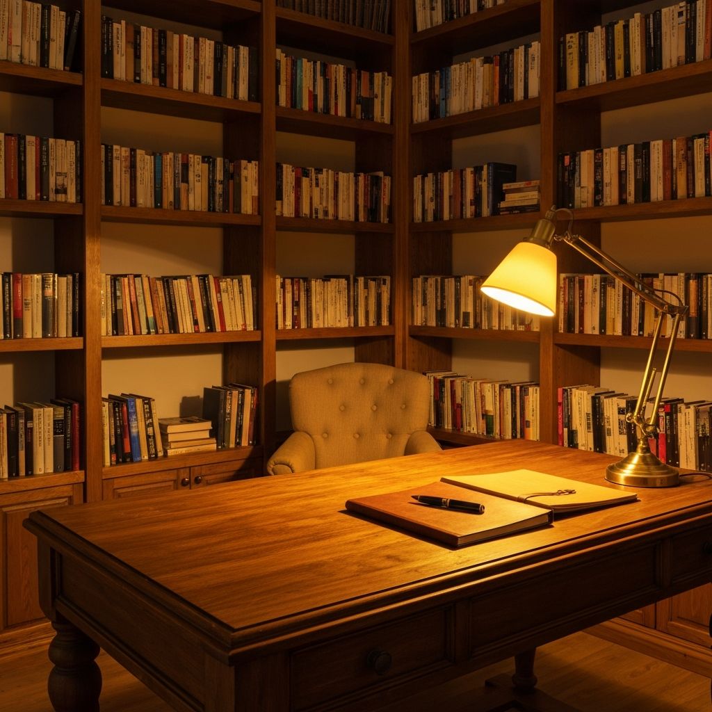 Mirna studijska soba sa drvenim policama punim knjiga i toplim svetlom koji evocira atmosferu znanja i refleksije