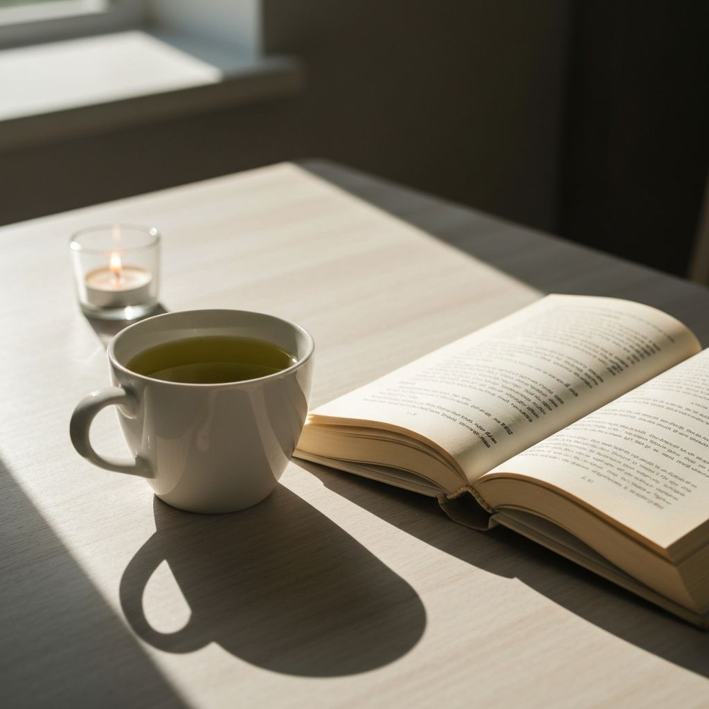 Mirna jutarnja scena sa šoljom čaja i otvorenom knjigom, atmosfera svesnosti i prisutnosti