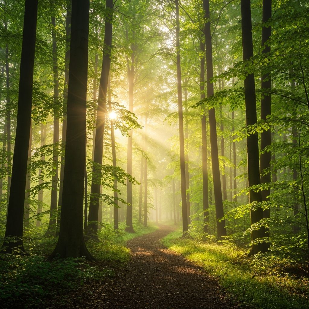 Jutarnja priroda sa prvim zracima sunca kroz drveće, simbolizujući novi početak dana