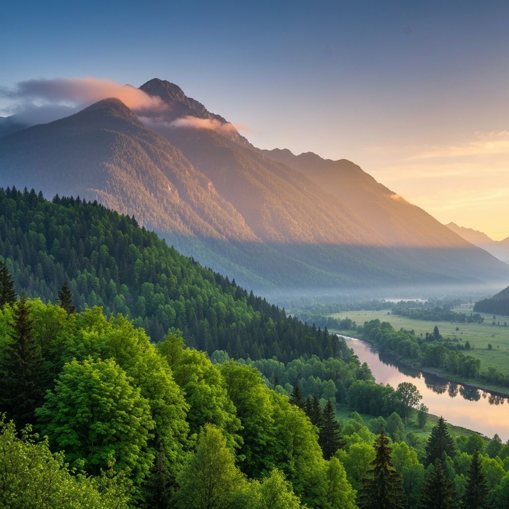 Mirni planinski pejzaž u zoru koji simbolizuje unutrašnji mir i celovitost