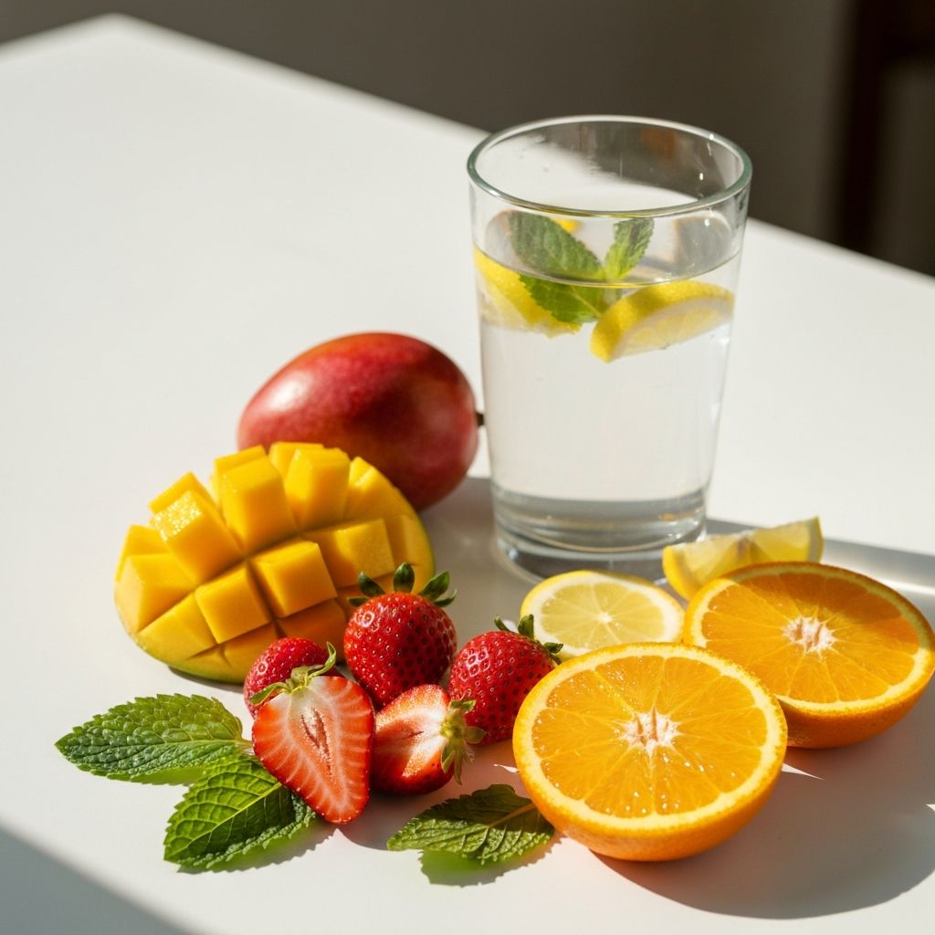 Čaša vode i svežeg voća na svetlom stolu, ambijent jutarnje hidratacije